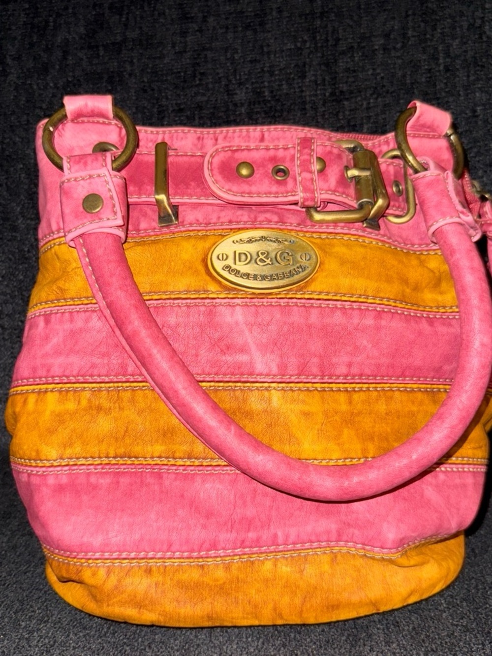 D&G Pink and Yellow Striped Leather Bucket Bag with Gold Hardware